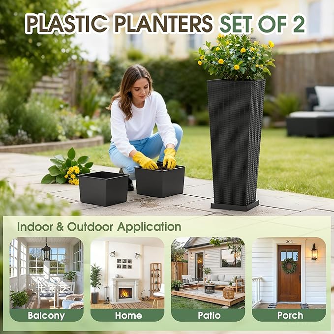Set of 2 Tall Plastic Planters with Saucer, 32 Inch Height Pots with Drainage Trays, Black