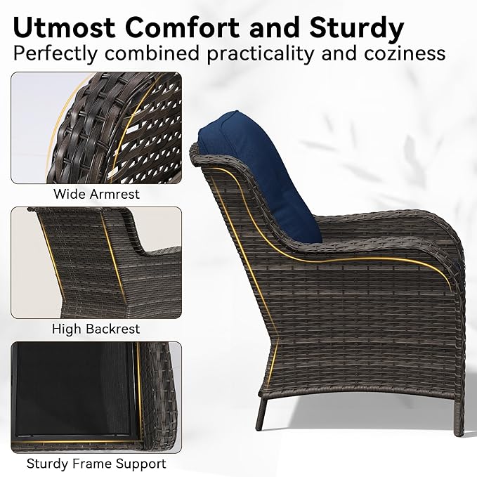 3 Pieces Outdoor Wicker Patio Furniture Set - Patio Chairs Set with Thickened Olefin Cushions, High Back and Deep Seating, Curved Armrest, PE Rattan for Porch, Deck, Balcony,Blue