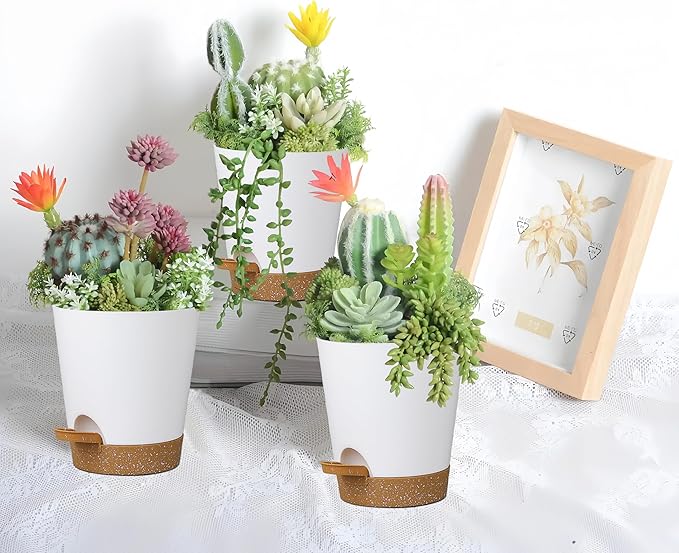 zople 12 Pack 4 Inch Self Watering Plant Pots with Drainage and Saucers，Plastic Flower Pots for Indoor and Outdoor Plants, Nursery Planters for Houseplants and Herbs White Brown, 4 inch 12pcs