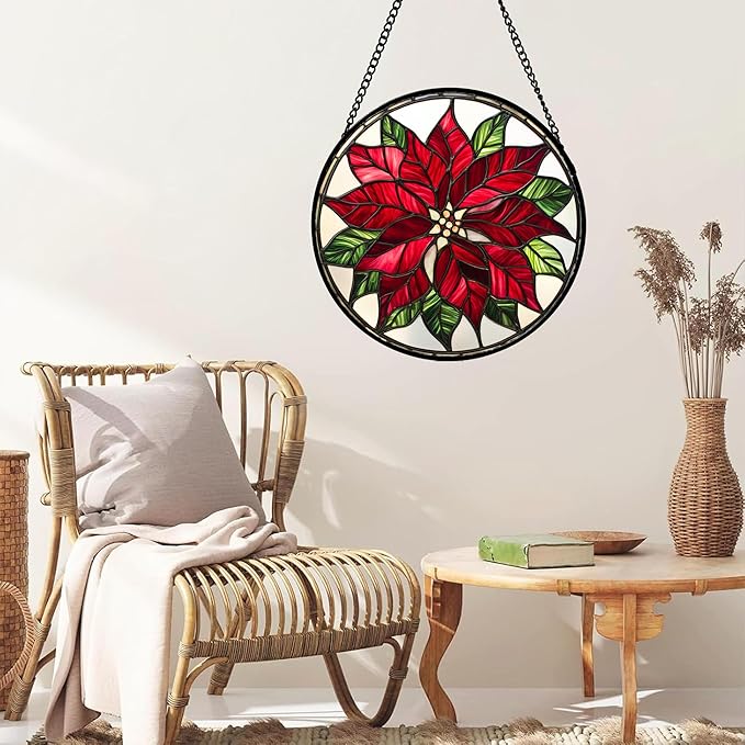 Stained Glass Window Hanging - Red Poinsettia Birth Flower Suncatcher for Door Garden Yard Sun Catchers Decor Christmas Mother's Day Birthday Gifts for Women Mom Nana Friend Men 6.3 in
