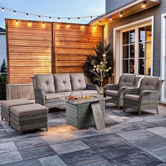 HUMMUH 6 Pieces Patio Furniture Set with Fire Pit Table High Back Outdoor Conversation Set Wicker Patio Couch Outdoor Chairs Ottomans for Balcony Garden,Lawn,Deck