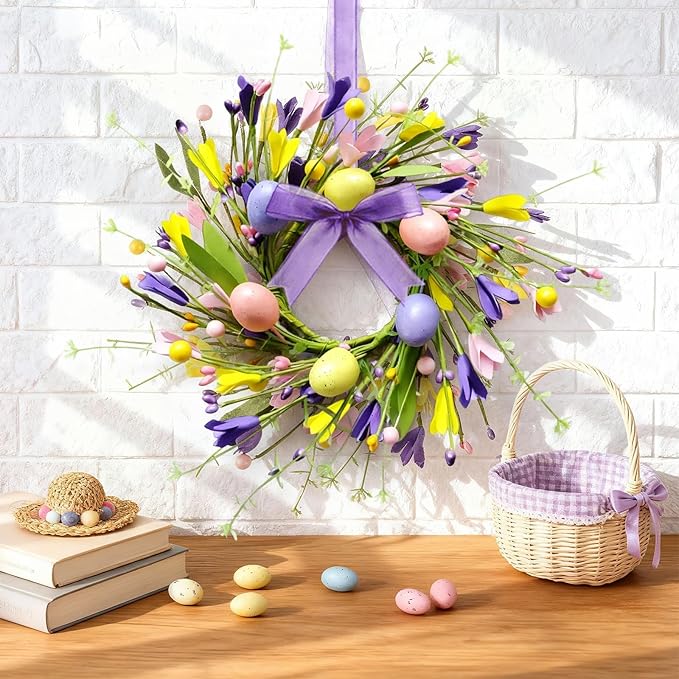 8 PCS Mini Easter Wreaths for Front Door Small Artificial Pastel Easter Egg Kitchen Cabinet Wreath Spring Summer Hanging Floral Wreath with Ribbon Berry for Home Porch Wall Window Farmhouse Decor