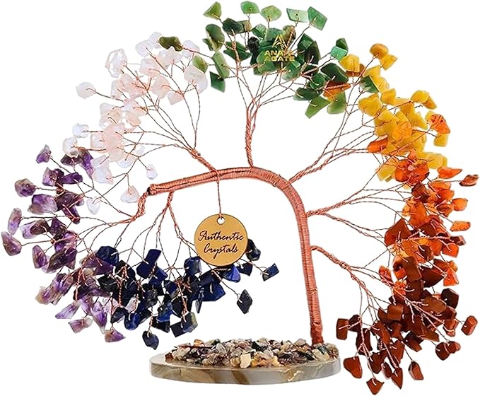 ANAYA AGATE 7 Chakra Crystal Tree of Life – Handmade Healing Gemstone Bonsai Trees for Home & Office Décor – Feng Shui Money Tree for Positive Energy, Good Luck & Spiritual for Women