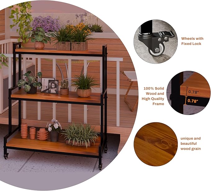 YCCO Plant Stand Indoor with Wheels 37” H, Rolling Plant Shelf Rack Outdoor,Metal Plant Stand with Solid Wood for Multiple Plants,Industrial Ladder Plant Flower Shelf for Garden,Living Room,Teak