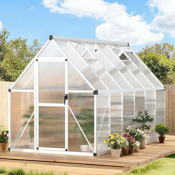 IDEALHOUSE 6x11 FT Greenhouse for Outdoors, Lockable Door and Ajustable Roof Vent, Polycarbonate Greenhouse with Windproof Aluminum Frame, Aluminum Walk-in Greenhouses, for Backyard, Lawn