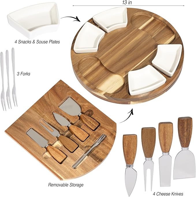 Acacia Cheese Board & Knife Set – Charcuterie Board with Ceramic Bowls, Slide-Out Drawer & Serving Utensils, Perfect for Entertaining – Ideal Gift for Weddings, Housewarming & Holidays