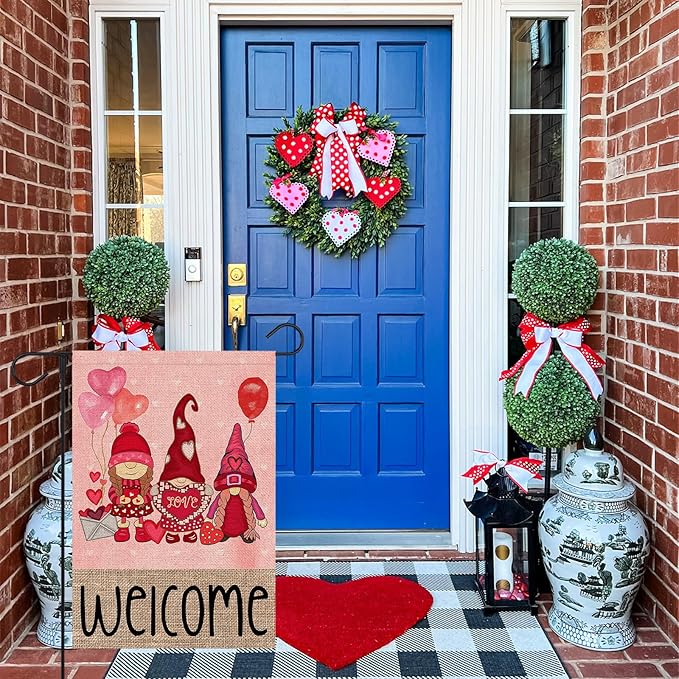 Welcome Valentines Day Gnomes Garden Flag 12x18 Inch Double Sided Outside Red Balloon for Outdoor Farmhouse Anniversary Holiday Yard Valentine Decoration FF-225