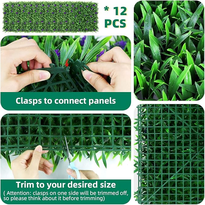 Easnwllim Artificial Grass Wall 12PCS 20" X 20" Lavender Flowers Topiary Hedge Plant Grass Backdrop Wall Greenery Panels for Indoor Outdoor Privacy Fence Home Decor(Seedling Grass)