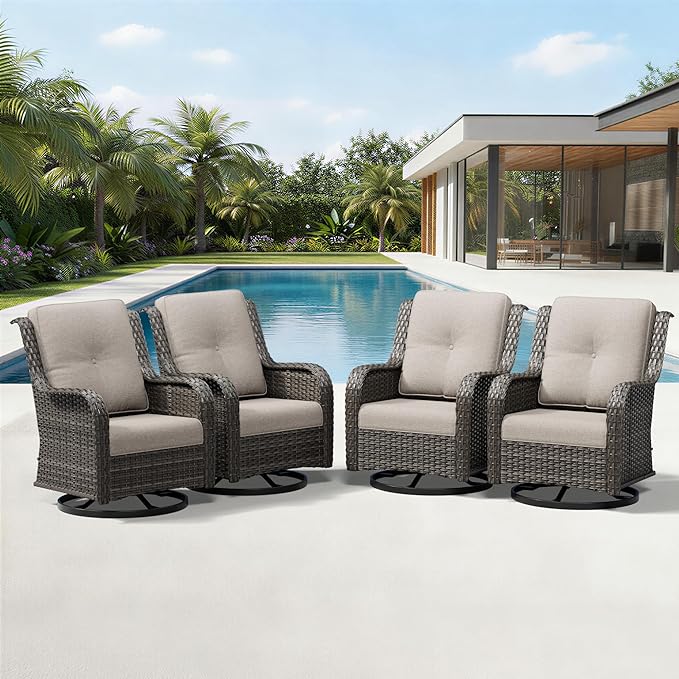 Joyside 4 Piece Outdoor Swivel Rocker Patio Chairs, Wicker Patio Furniture with High Back, Deep Seating, Wide Armrest, Thickened Cushions, Outdoor Rattan Furniture for Deck, Porch Use