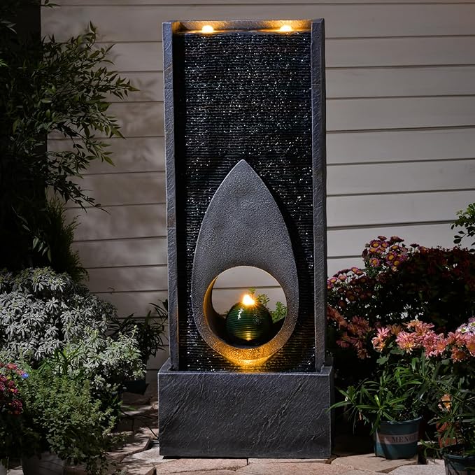 46.5’’Tall Modern Water Fountain Indoor Outdoor Waterfall Feature Floor Standing with Sphere and LED Lights for Garden, Yard, Patio, Deck, Porch, Livingroom Decor