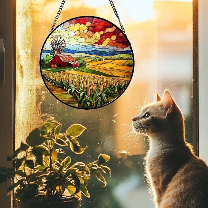 HWRHTR Stained Glass Window Hanging Autumn Farm Corn Harvest Landscape 6.3" - Suncatcher Garden Door Sun Catcher Home Decor Birthday Christmas for Woman Mom Friend Men Nana