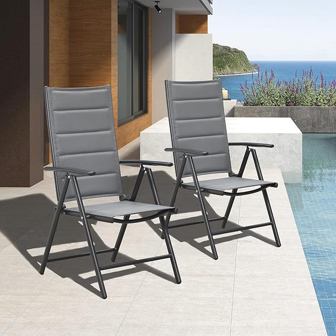 PURPLE LEAF Patio Folding Chairs 4 Pack Outdoor Aluminum Metal Dining Chairs with Padded Seats and Adjustable Backrest Heavy Duty Camping Chairs for Outside, Grey