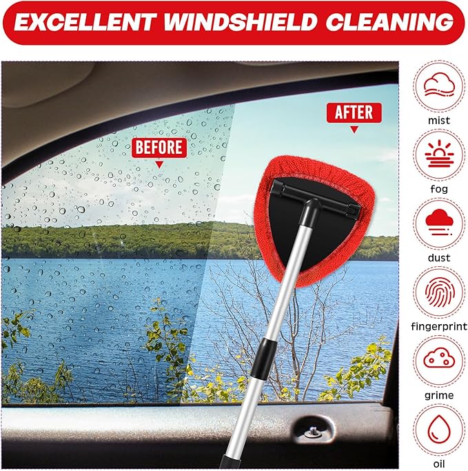 Baderke 10 Pcs Windshield Cleaner Tool Car Window Cleaning Supplies with Extendable Handle Include 6 Washable Microfiber Bonnets 2 Empty 60ml Spray Bottle Glass Wiper Kit(Red)