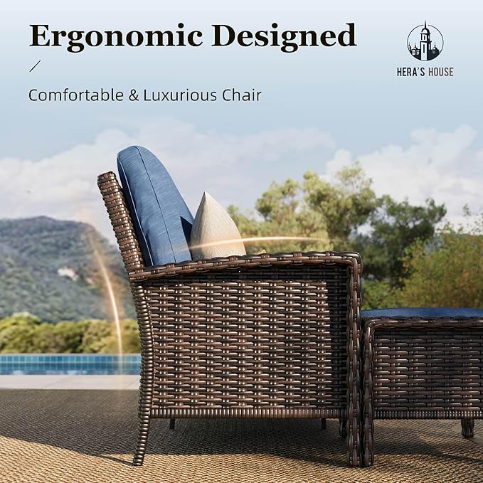 HERA'S HOUSE 3-Piece Outdoor Patio Furniture, High Back Swivel Chairs Set of 2 with Rattan Table, Brown Wicker Conversation Bistro Set with 5.5” Thick Cushion for Deck Porch Balcony Garden Lawn, Blue