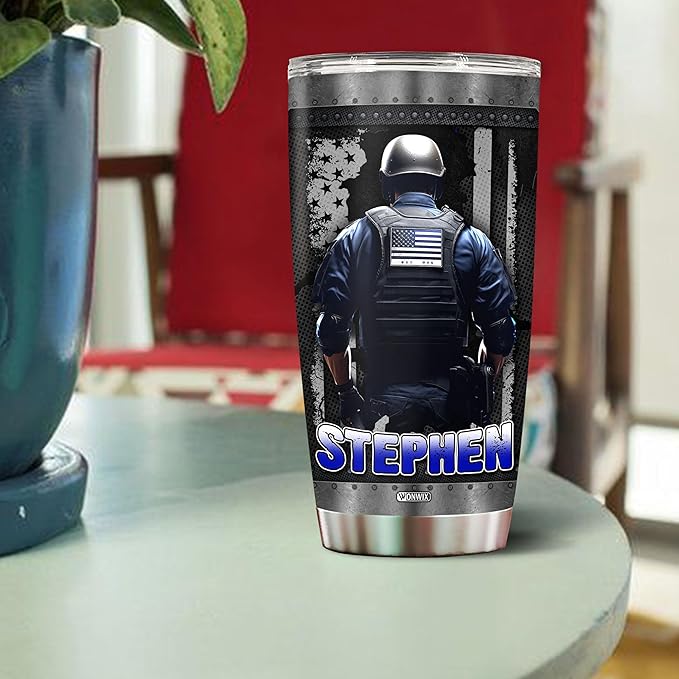 WONWIX Personalized Police Tumbler Gifts for Men 20oz with Lid Travel Cup Coffee Mug Stainless Steel Insulated Water Bottle Gift for Police Man Dad Father Boy Friends