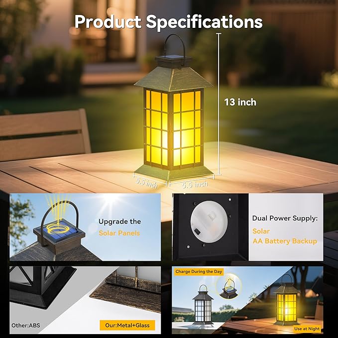 2 Pack 13" Patina Solar Lantern with Flickering Flame Candle | Outdoor Waterproof Hanging Lanterns, Metal & Glass Solar Lights for Garden Decoration, Rustic Outdoor Gifts for Mom