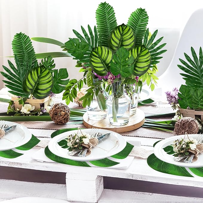 Tropical Party Decorations, 50 Pieces 7 Kinds Palm Leaves Artificial Tropical Monstera, Green Jungle Leaf with Stem for Jungle Hawaiian Luau Party Table Decoration Wedding Birthday
