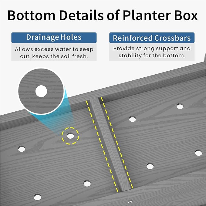 HDPE Planter Box, All-Weather Outdoor Garden Bed Easy to Assemble, Drainage System, Low Maintenance, Non-Fading, for Flower/Herb/Seed (Gray)