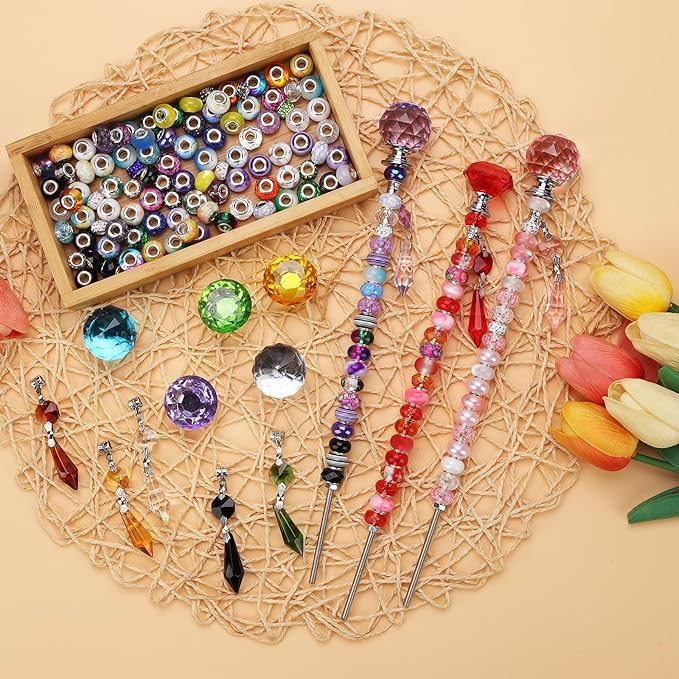 192Pcs DIY Fairy Wand Beaded Garden Stakes Kit, Fairy Garden Stakes Beads and Rods with Sparkling Crystal Pendants, Suitable for Garden Decorative Outdoor Beadable Items(10IN)