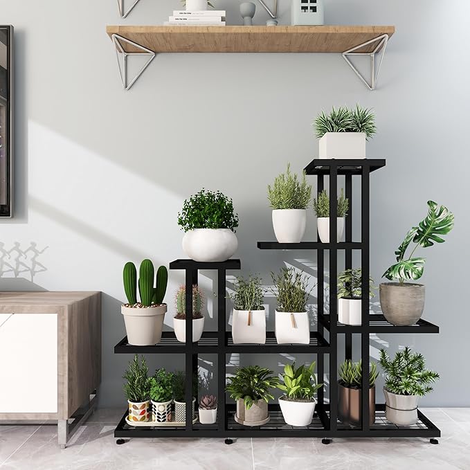 HusDream Plant Stand Indoor Corner Plant Stand Window Sill Plant Shelf for Bonsai Tree Live Plants Indoor Outdoor Metal Flower Rack for Apartment Decor Patio Decor, (6-Tier 16 Potted)