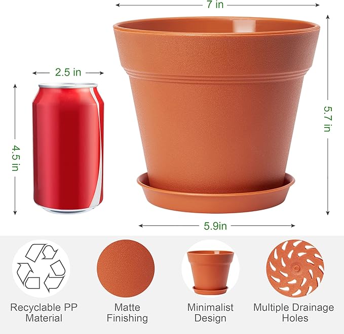 FHWTY 6 Pack Plastic Plant Pots with Drainage Holes and Tray, 7 inch Thickened Indoor Planters Seedlings Nursery Pots for Flowers, African Violet, Succulent and All House Plants, Terracotta
