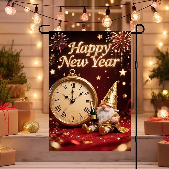 Happy New Year Garden Flag Gold Gnome Banner 12x18 Inch Double Sided Flag Outdoor Yard Decoration with Clock Image for Home Lawn Porch House Seasonal Holiday Garden Flags Outdoor Decor
