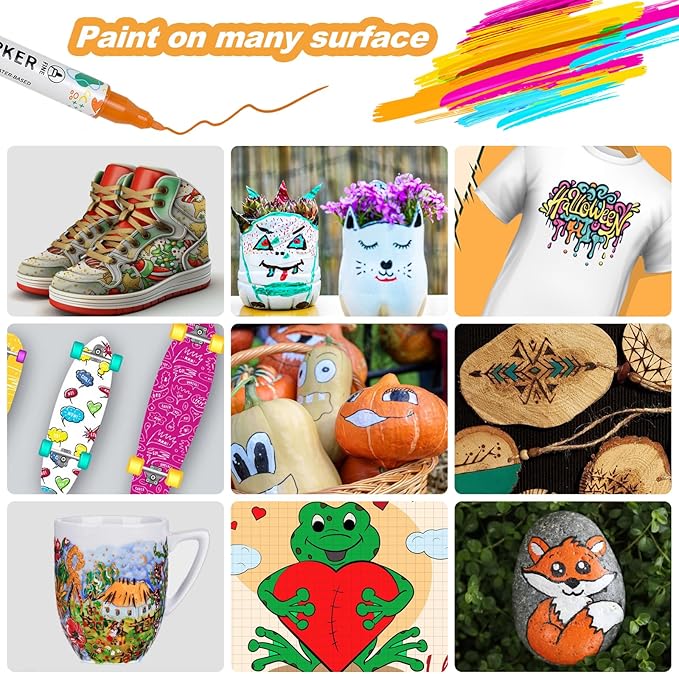 KEMYR 24 Colors Acrylic Paint Pens, Dual Tip Acrylic Paint Markers for Paper, Wood, Canvas, Stone, Rock Painting, Glass, Fabric, DIY, Ceramic, Art Supplies for Adults Drawing (Dot + Fine)