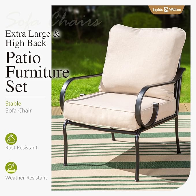 Sophia & William 6 Piece Patio Furniture Set Outdoor Couch Sofa, Sectional Conversation Sets 7 Seat Clearance with 3-seat Sofa x 1, Swivel Chair x 2, Cushioned Chair x 2, Metal Coffee Table x 1, Beige