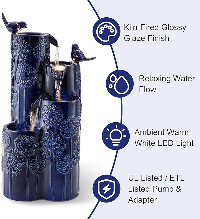 Glitzhome 27" H Outdoor Water Fountain with LED Light, Pump & Adapter, 4-Tier Cobalt Blue Dandelion Vase Ceramic Cascading Garden Fountains Waterfalls with Birds, for Porch Deck Patio Backyard