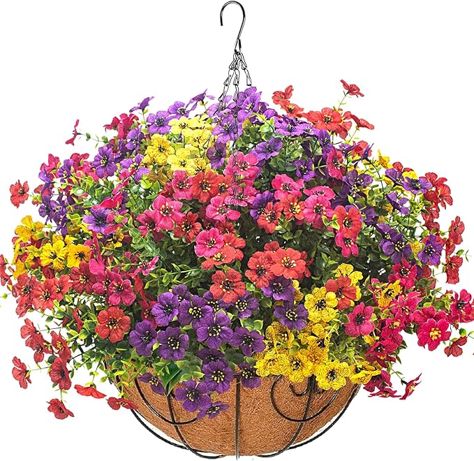 Grunyia Artificial Hanging Flowers Basket with Colorful Silk Daisies & Eucalyptus - UV/Sun-Resistant Plant for Outdoor Porch, Patio, Balcony - Indoor/Outdoor Home Decor