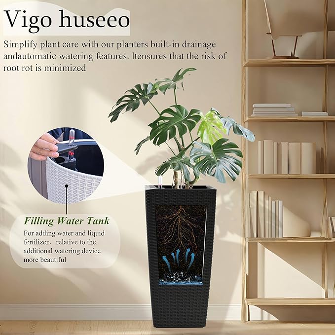 Vigo huseeo 30in Tall Planter, Self Watering Pots for Indoor/Outdoor Plants with Drain Holes, Water Level Monitor, Inner Bucket for Front Porch Patio, Black Large(1 Set)