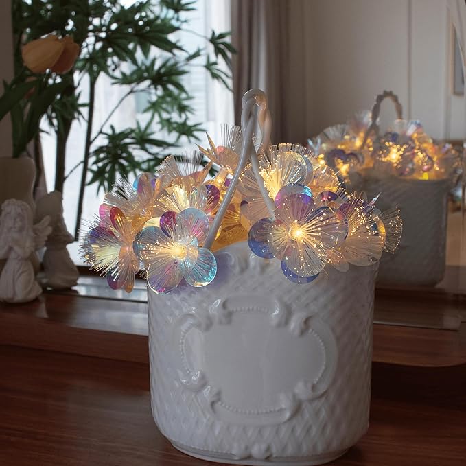 YOLIGHT Fiber Optic Flower String Lights Battery Operated with Timer, 13ft 20 LED Flower Garland Lights Fairy Decor Light for Room Table Wedding Christmas Easter Décor (Warm White)