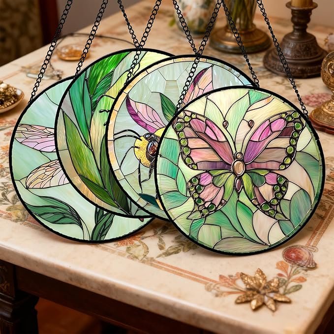 DASTOLL Stained Glass Window Hanging 4 Pcs Set Pink Green Insect Theme 7.8" - Butterfly Suncatcher Door Garden Sun Catcher Decor Birthday Christmas for Mom Woman Nana Men