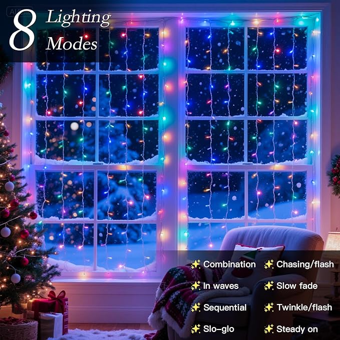 300 LED Rainbow Curtain String Lights 9.8 * 9.8FT Plug in Fairy with Timer and 8 Modes, Waterproof Window Wall Lights for Bedroom Wedding Party Indoor Outdoor Christmas Decor