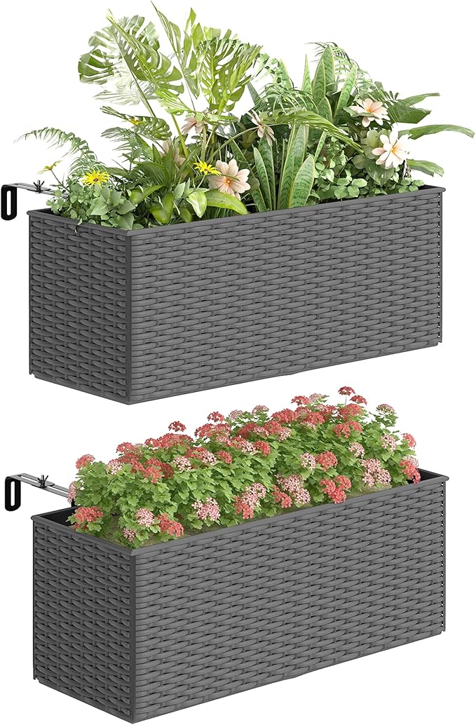 Outsunny Railing Planter Box (2 Pack, 20 Inch), Hanging Flower Pots with Hooks, Drainage Holes for Fence, Balcony, Garden, Patio, Rattan Look, Gray