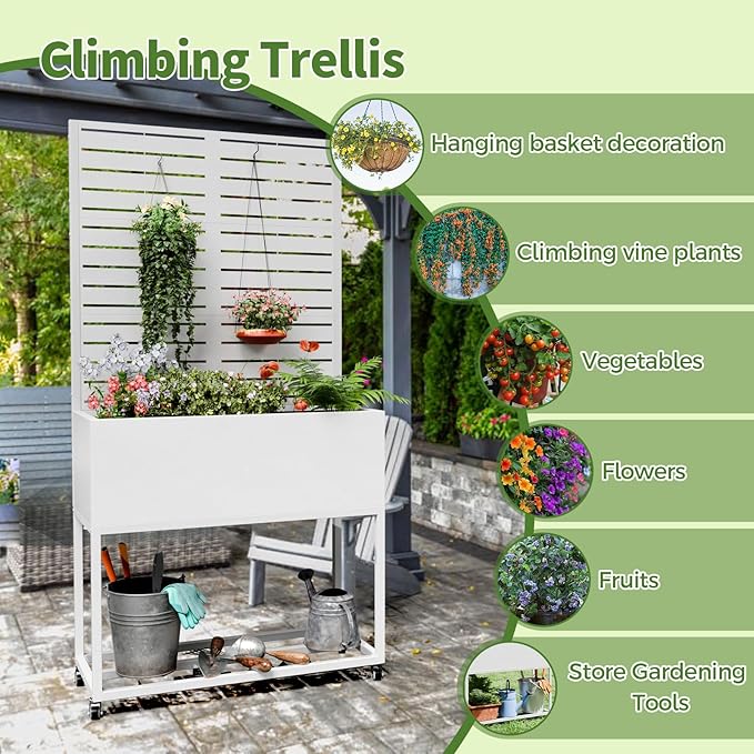 Metal Planter Box with Trellis,67" H x35 W Raised Garden Beds with Privacy Screen for Climbing Plants Flower, Elevated Standing Planter Garden Bed with Drainage Holes for Outdoor Patio,White