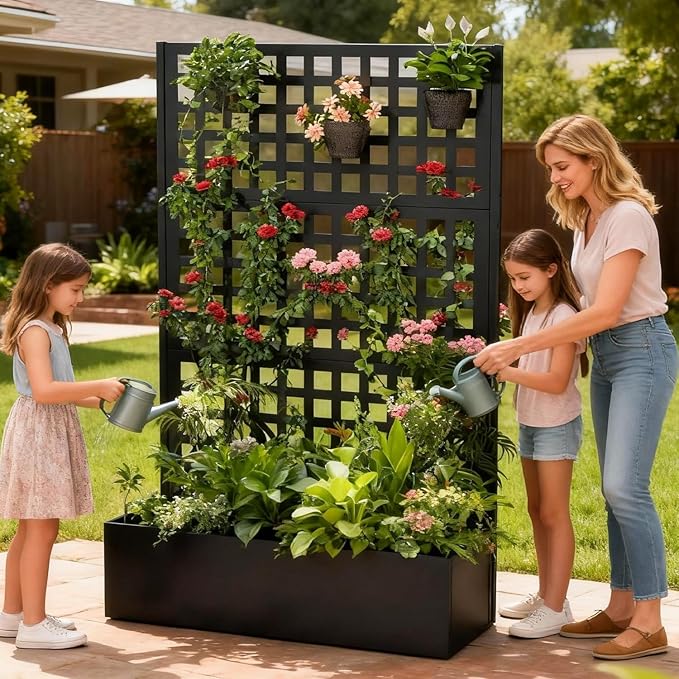 Metal Raised Garden Bed with Trellis Set of 2, Vegetable and Flower Garden Boxes, Black Planter Box with Trellis for Climbing Plants Vegetable Outdoor Indoor, Large 2Pcs Set