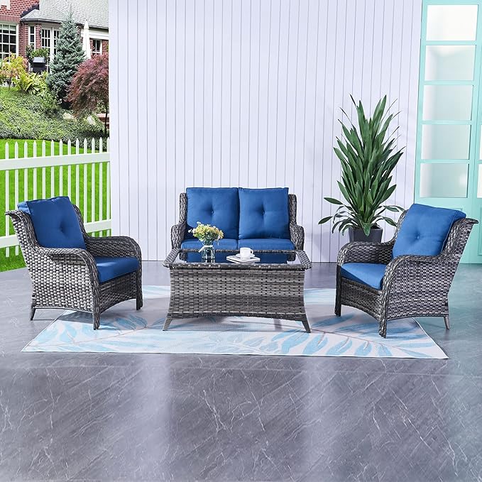 HUMMUH 4 Piece Patio Conversation Furniture Set PE Wicker Rattan Outdoor Loveseat Sofa,Patio Chairs,Coffee Table for Garden,Poolside,Backyard,Deck