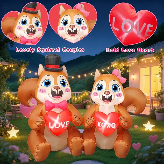 Valentines Day Inflatables Outdoor Decorations 5.6FT Long Squirrel Hold Love Valentines Blow Up Yard Decorations Spring Inflatable Built-in LED Lights Outside Holiday Party Garden Lawn Decor