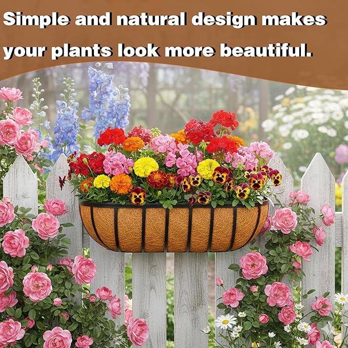 4 Pcs 24“ Railing Planter Window Box Deck Railing Planter Boxes with Coco Liner English Horse Trough Planter Metal Wall-Mounted Planters Basket for Outdoor Balcony Porch Fence Patio Rail