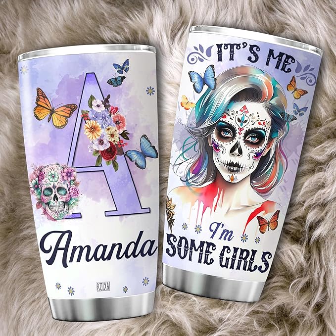 Personalized Initial Coffee Tumbler Skull Custom Name Birthday Gifts For Women Adults Teens Friends Flower Travel Mug With Lid Insulated Cup Oz Cold Steel Tumblers Jewelry Style