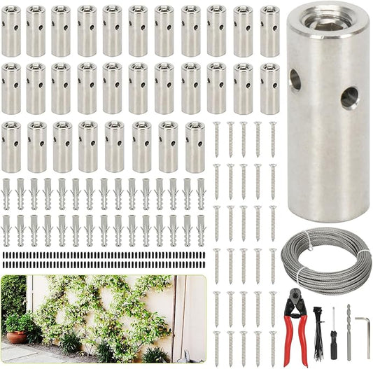Wire Trellis for Climbing Plants Outdoor, 30-Set Wall Wire Trellis Kit with 1/8" x 150ft Stainless Steel Cable and Cutter, T316 Cylindrical Espalier System for Fence Garden DIY on Concrete Wood Walls