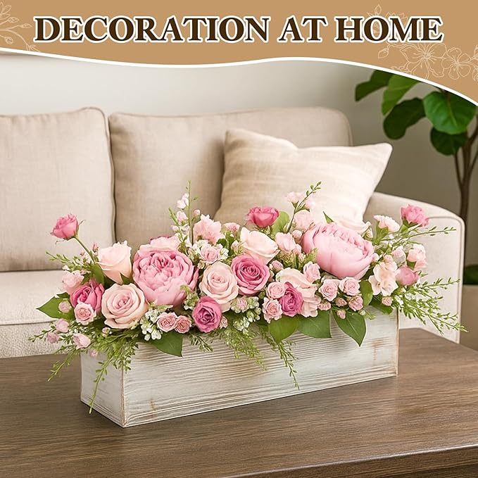 Sintuff 8 Set Rectangle Wooden Planters, 17 x 4 Inch Wood Boxes with Removable Plastic Liner & Floral Foam Blocks, Rustic Wood Planter for DIY Centerpieces Home Wedding Garden Bookshelf Decor (White)