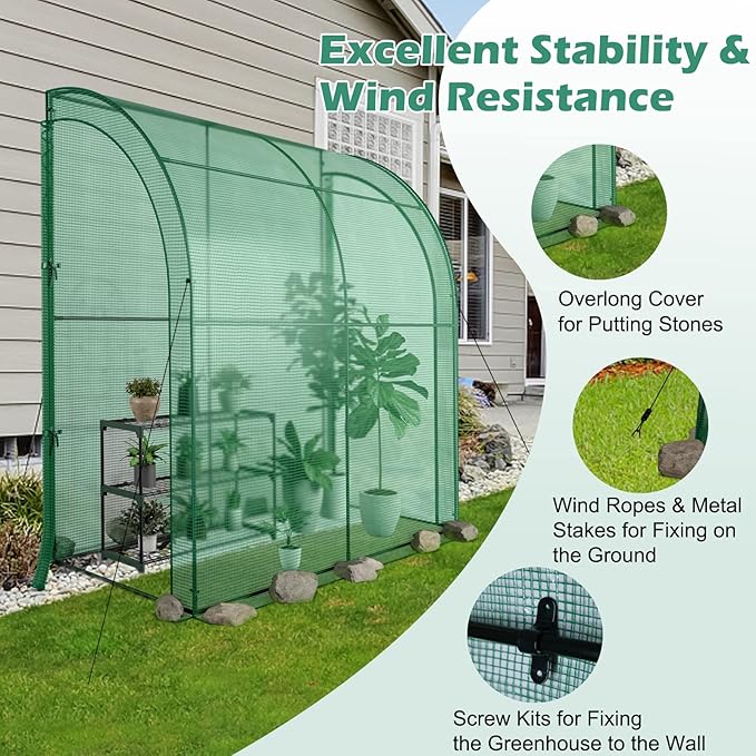 SAFSTAR 7 x 3.5 x 7 ft Greenhouse, Mini Lean-to Walk-in Green House with 3 Tiers Flower Rack & Weatherproof PE Cover, Roll-up Zipper Doors, Indoor Outdoor Garden Greenhouse for Seedling & Pot