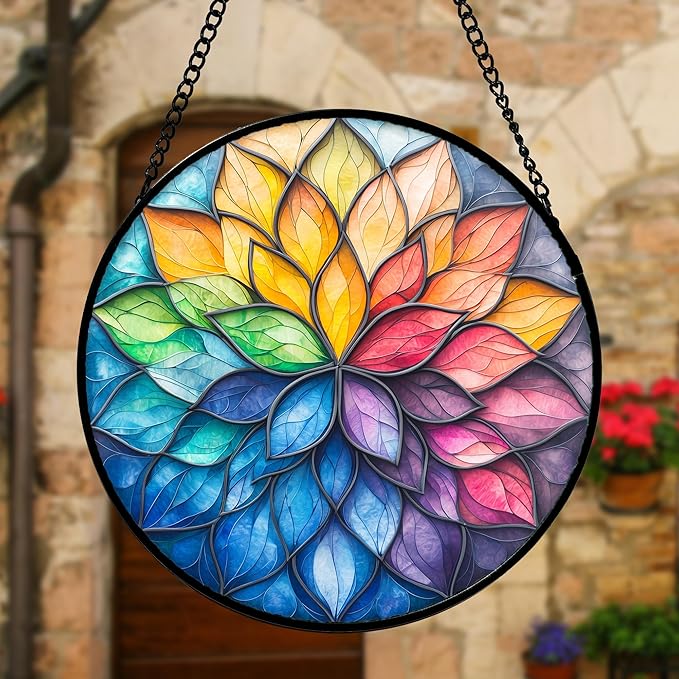 DASTOLL Stained Glass Window Hanging, Colorful Flower Petals Sun Catchers Diamond Glass Panel Hangings Suncatcher Decor for Birthday for Women, Men, Wife, Aunt, and Mom 6.3 in
