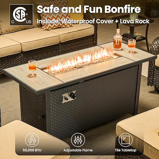 ovios 10 Pieces Patio Furniture Set, Outdoor Wicker Sofa Couch with Swivel Chairs 54" Fire Pit Table, High Back Modern All Weather Conversation Sets, Brown Rattan, Beige