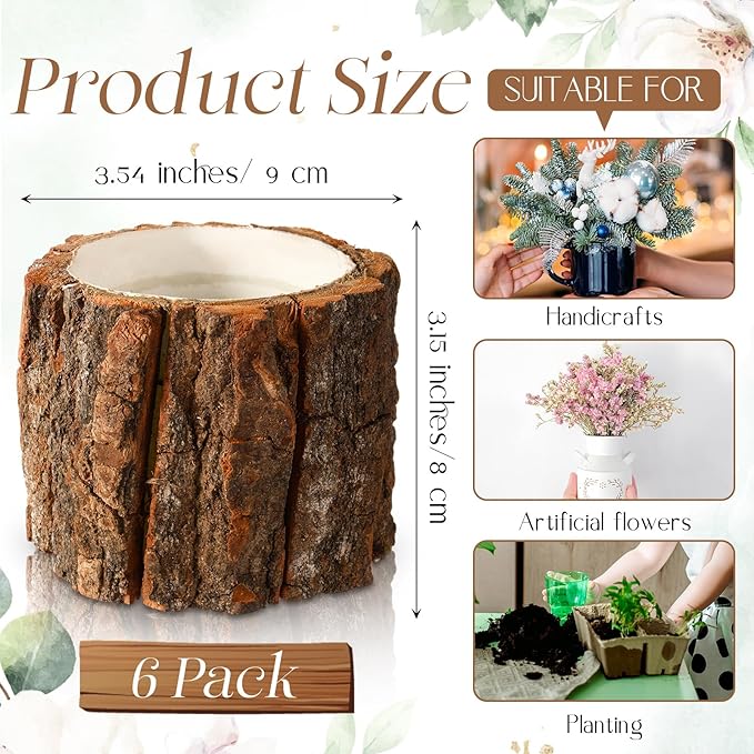 6 Pcs Wooden Vase for Centerpieces Woodland Table Decor Wooden Flower Vase Rustic Bark Stump Buckets Vintage Wood Planter Pots for Garden Party Wedding Window Home Farmhouse (Small)