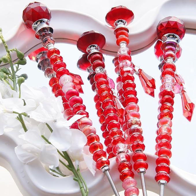 121 Pcs DIY Fairy Wand Beaded Garden Stakes Kit, Fairy Wands Garden Kit Red Large Hole Bead with Sparkling Pendants Crystal Stopper Top Threaded Rod Beaded Garden Stakes Supplies Outdoor Decorative