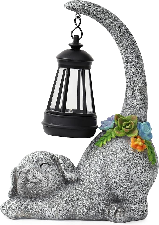 Ploxoiven Garden Cute Dog Gnome Statue Decorations - Solar Resin Dog with Solar Garden Lights Outdoor Decorations for Patio,Yard,Lawn,