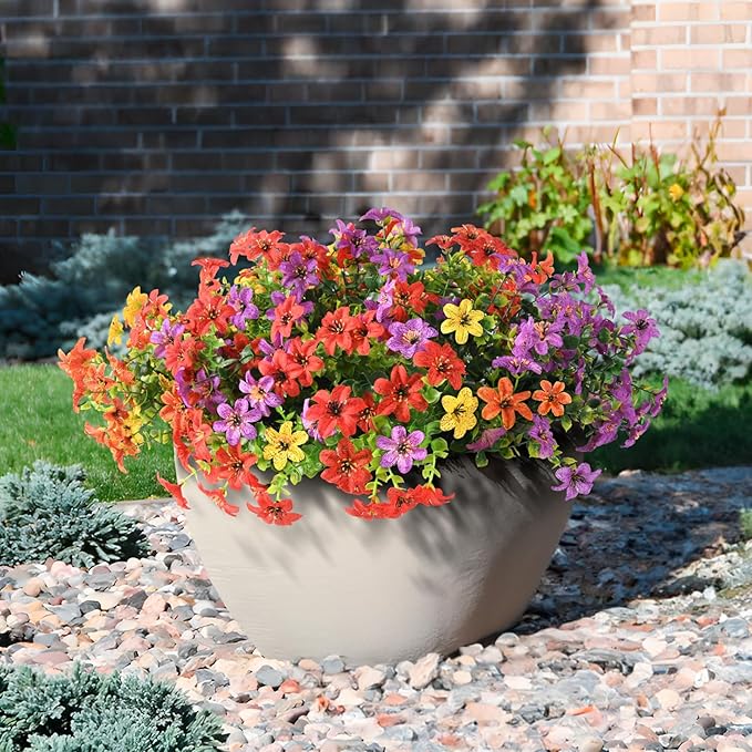 Homsunny Artificial Flowers for Outdoors 12 Bundles Fake Plants Spring Home Decoration, Realistic Faux Flower Silk Daisy with Eucalyptus Stem UV Resistant Patio Planter Porch Yard Window (4 Colors)